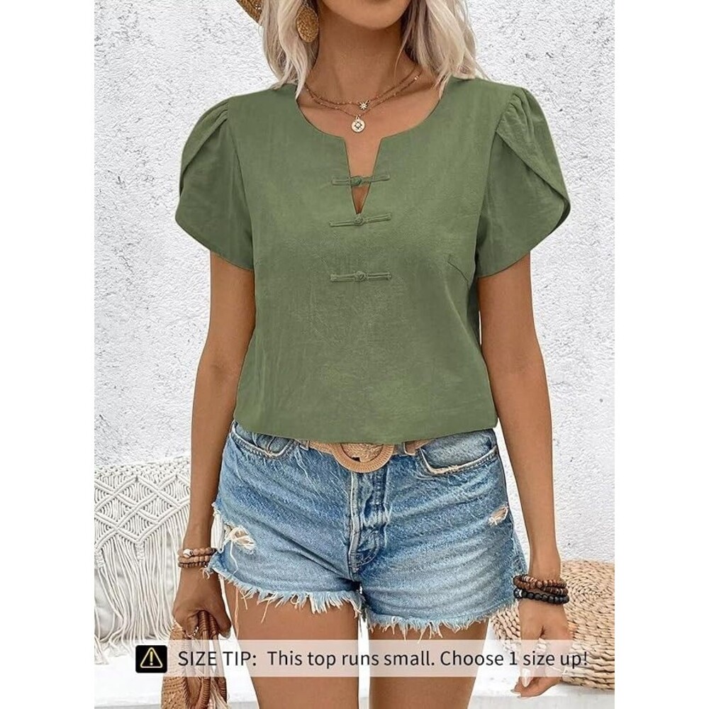 Women's Summer Tops Petal Short Sleeve V Neck Blouses Dressy Casual, Size Large